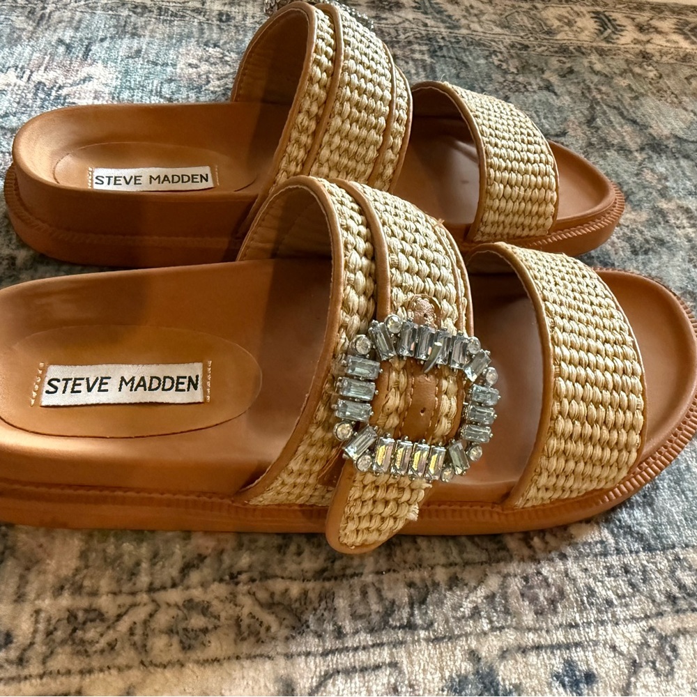 Steve Madden Tan and Natural Woven Slide Sandals with Crystal Buckle - Picture 2 of 2